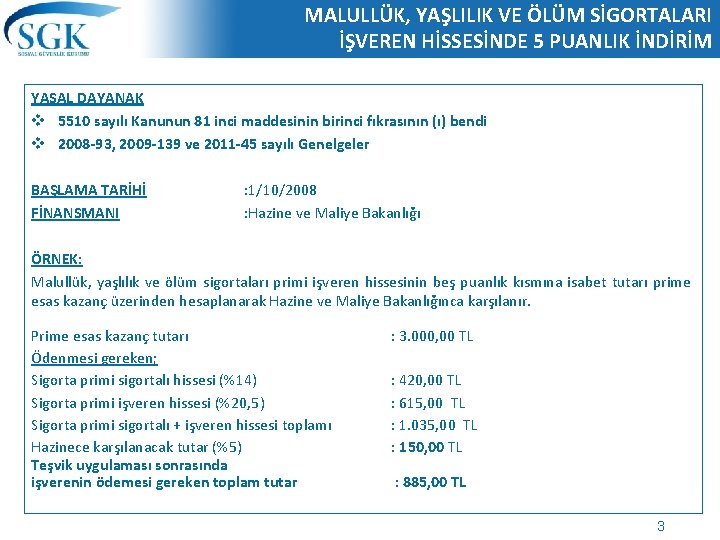 MALULLÜK, YAŞLILIK VE ÖLÜM SİGORTALARI İŞVEREN HİSSESİNDE 5 PUANLIK İNDİRİM YASAL DAYANAK v 5510