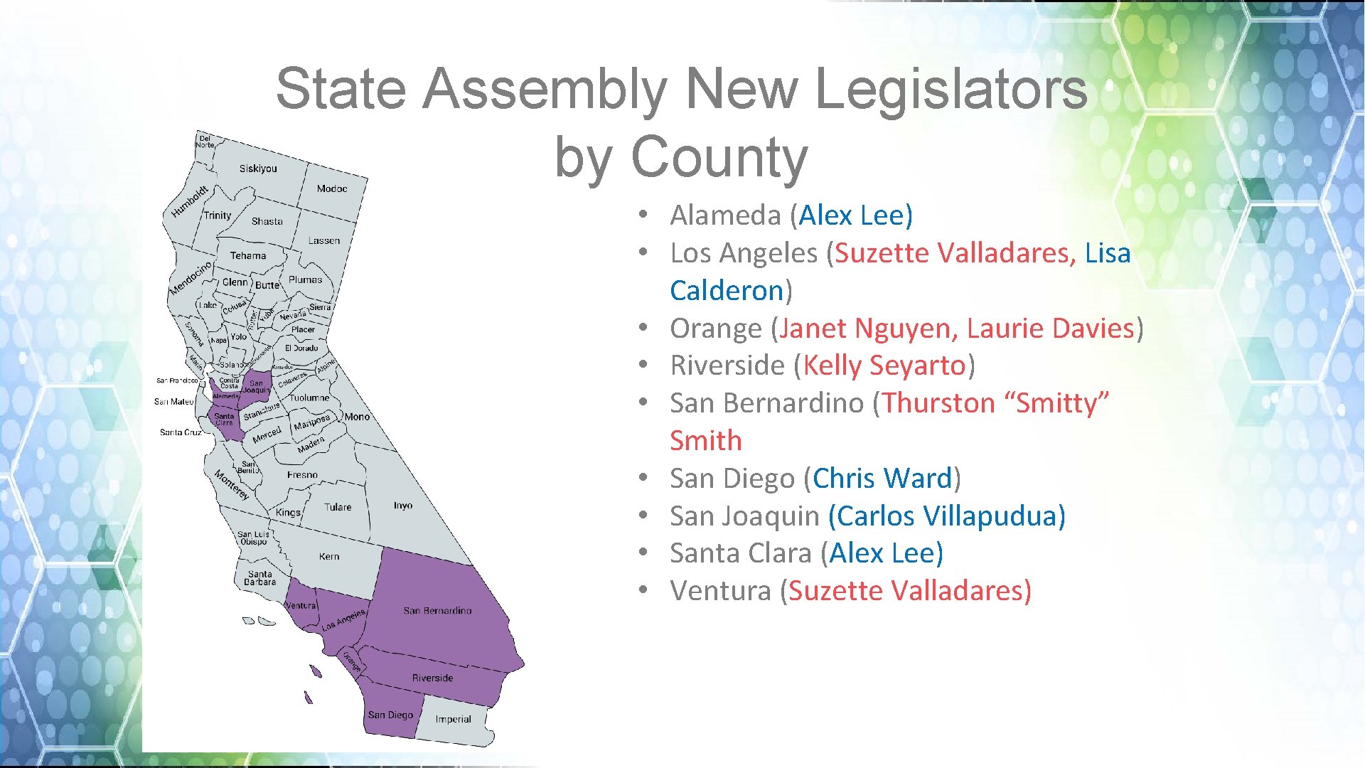 State Assembly New Legislators by County • Alameda (Alex Lee) • Los Angeles (Suzette