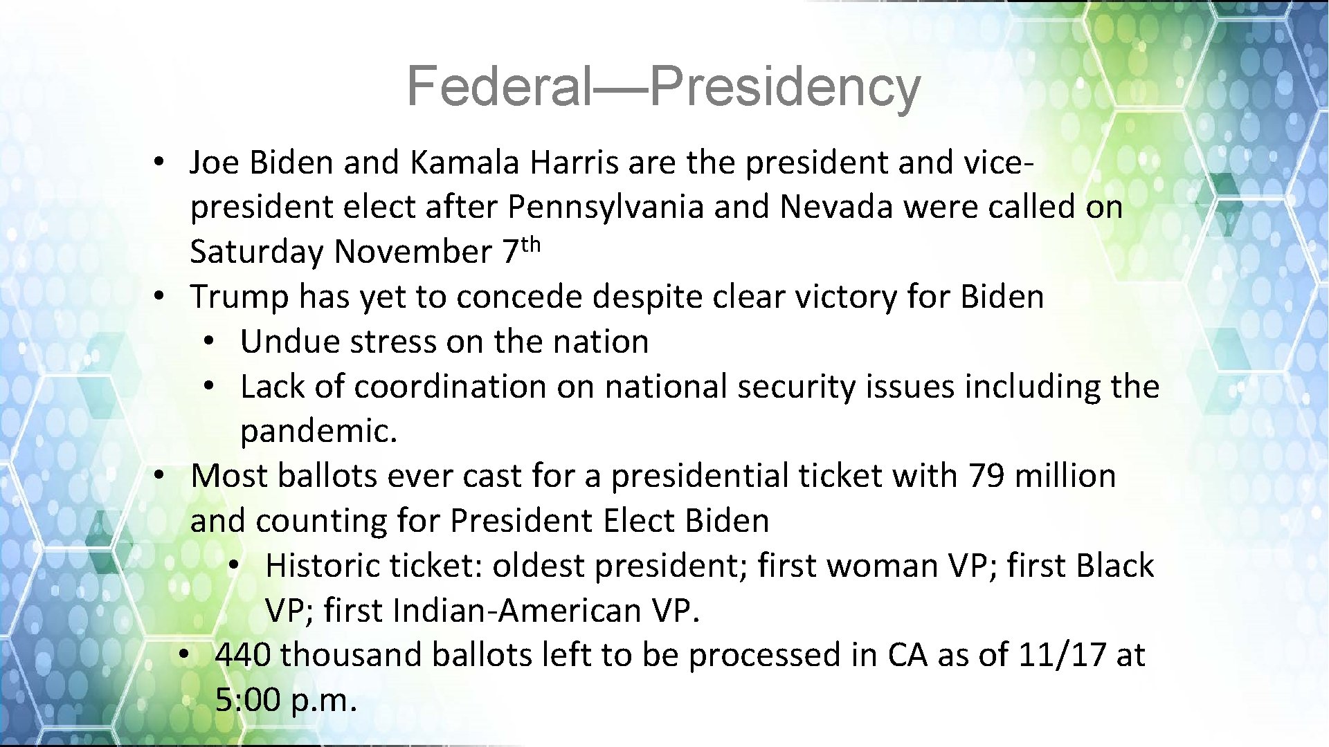 Federal—Presidency • Joe Biden and Kamala Harris are the president and vicepresident elect after
