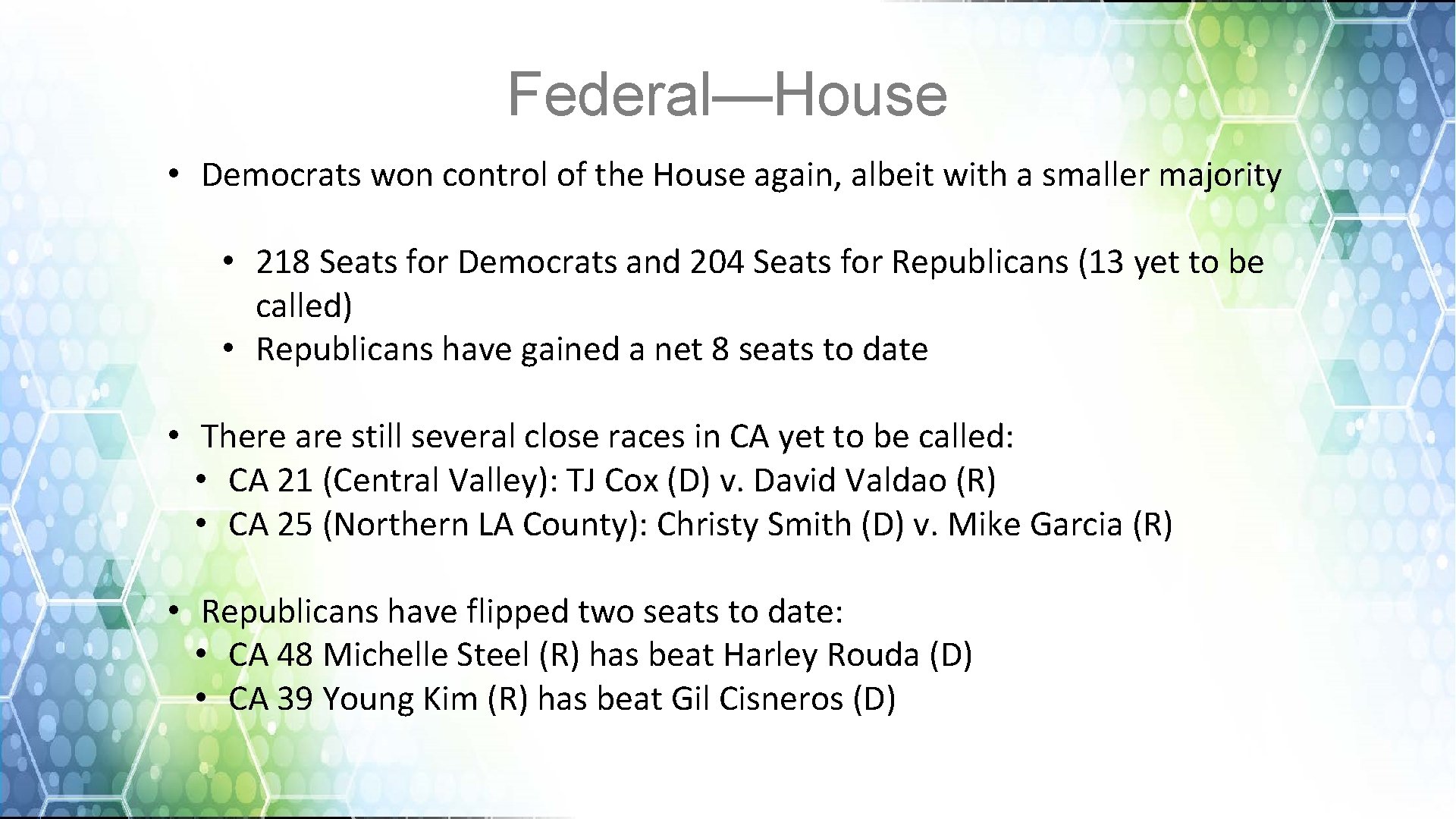 Federal—House • Democrats won control of the House again, albeit with a smaller majority