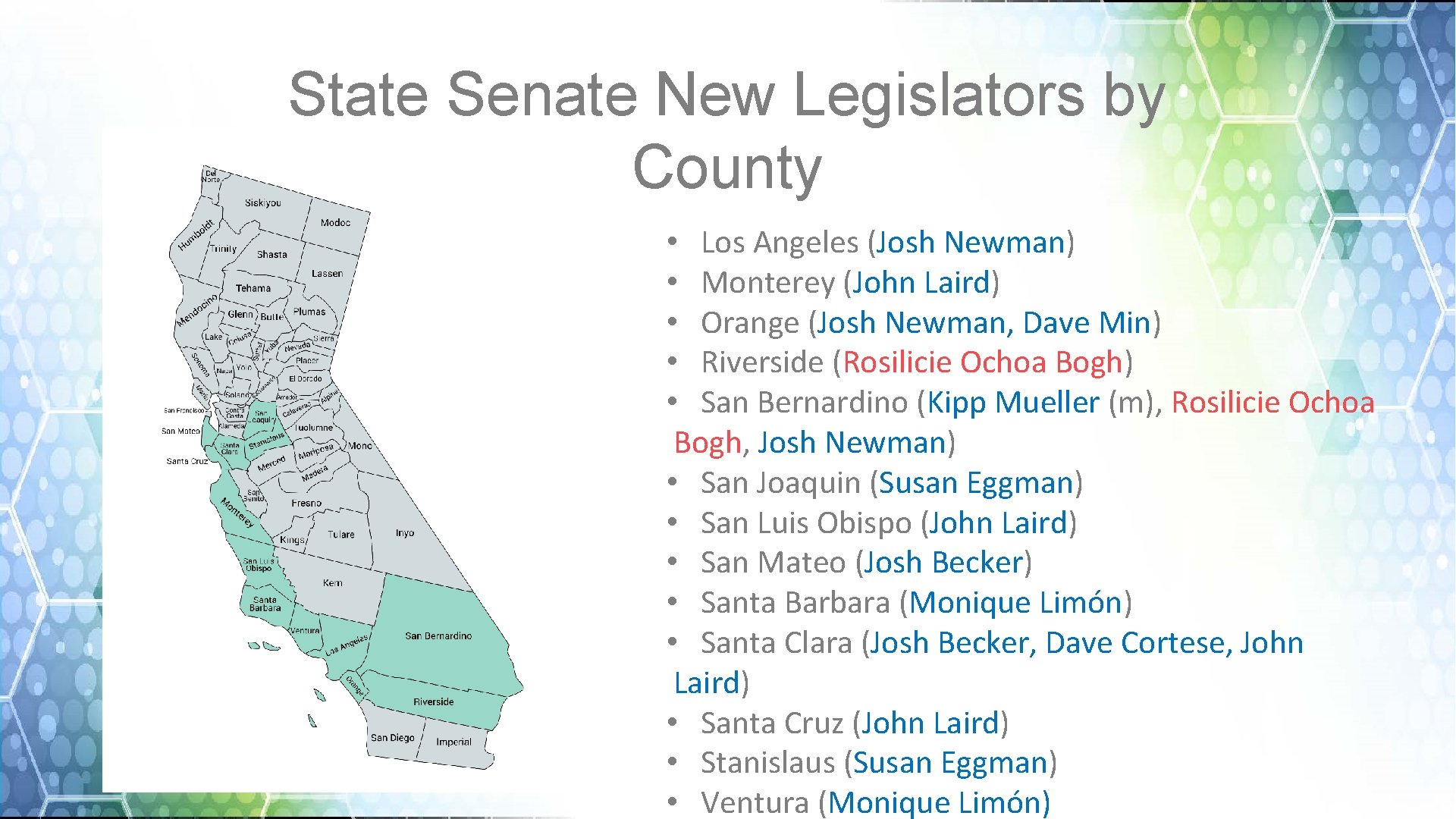 State Senate New Legislators by County • Los Angeles (Josh Newman) • Monterey (John