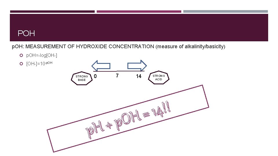 POH p. OH: MEASUREMENT OF HYDROXIDE CONCENTRATION (measure of alkalinity/basicity) p. OH=-log[OH-] [OH-]=10 -p.
