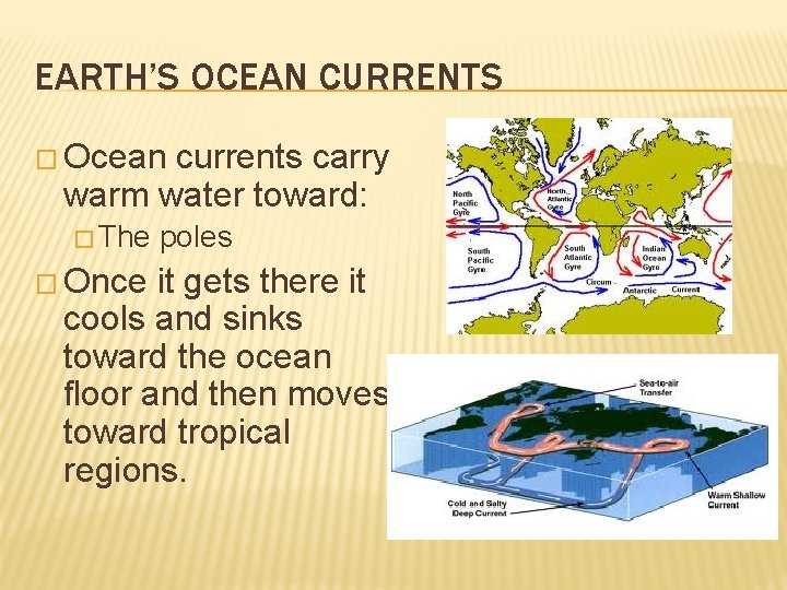 EARTH’S OCEAN CURRENTS � Ocean currents carry warm water toward: � The � Once