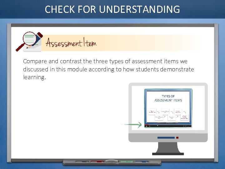 CHECK FOR UNDERSTANDING Compare and contrast the three types of assessment items we discussed