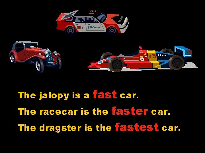 fast car. The racecar is the faster car. The dragster is the fastest car.
