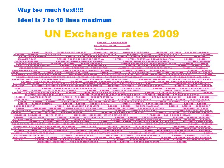 Way too much text!!!! Ideal is 7 to 10 lines maximum UN Exchange rates