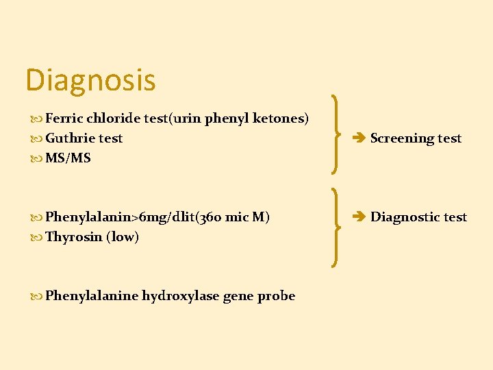 Diagnosis Ferric chloride test(urin phenyl ketones) Guthrie test MS/MS Phenylalanin>6 mg/dlit(360 mic M) Thyrosin