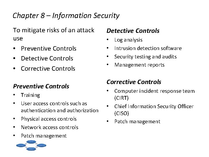 Chapter 8 – Information Security To mitigate risks of an attack use • Preventive