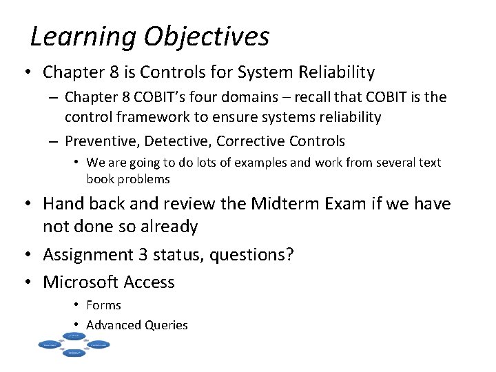 Learning Objectives • Chapter 8 is Controls for System Reliability – Chapter 8 COBIT’s