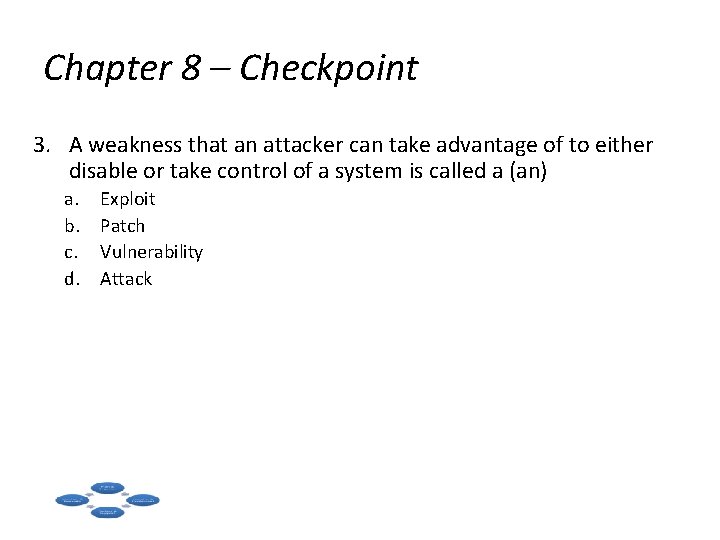 Chapter 8 – Checkpoint 3. A weakness that an attacker can take advantage of
