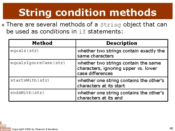 String condition methods n There are several methods of a String object that can