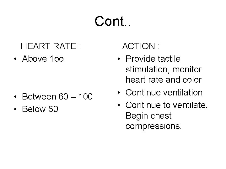 Cont. . HEART RATE : • Above 1 oo • Between 60 – 100