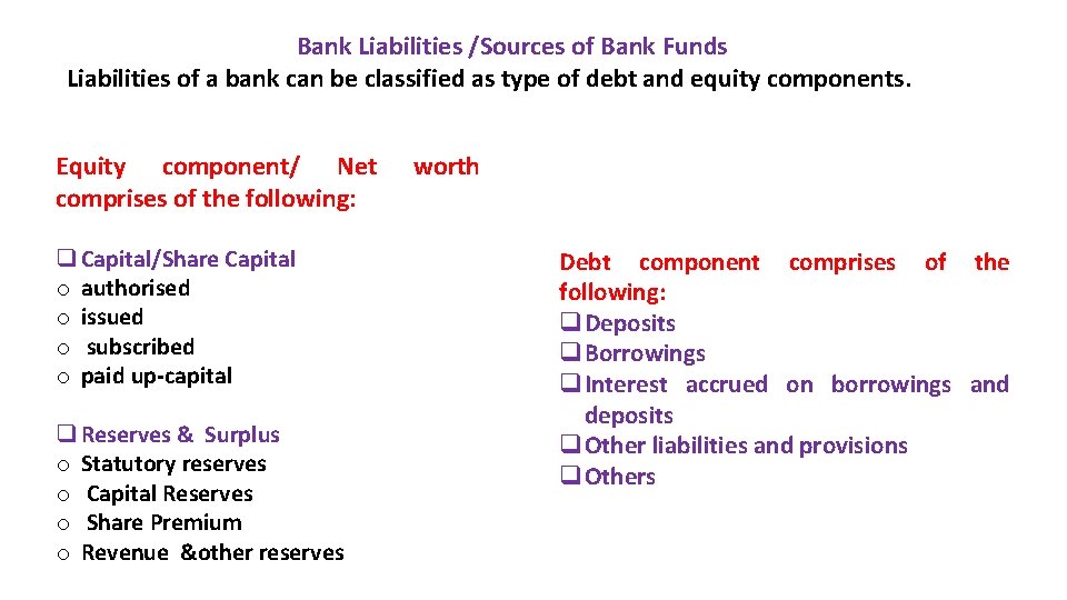 Bank Liabilities /Sources of Bank Funds Liabilities of a bank can be classified as