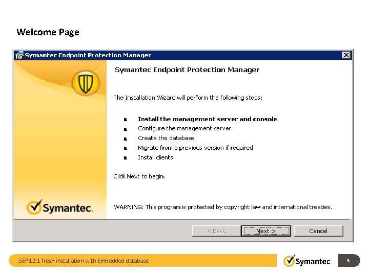Welcome Page SEP 12. 1 fresh installation with Embedded database 5 