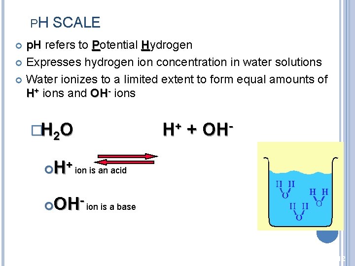 PH SCALE p. H refers to Potential Hydrogen Expresses hydrogen ion concentration in water