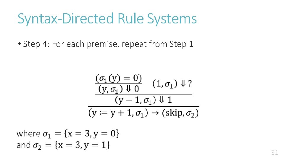 Syntax-Directed Rule Systems • Step 4: For each premise, repeat from Step 1 31