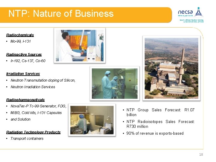 NTP: Nature of Business Radiochemicals • Mo-99, I-131 Radioactive Sources • Ir-192, Cs-137, Co-60