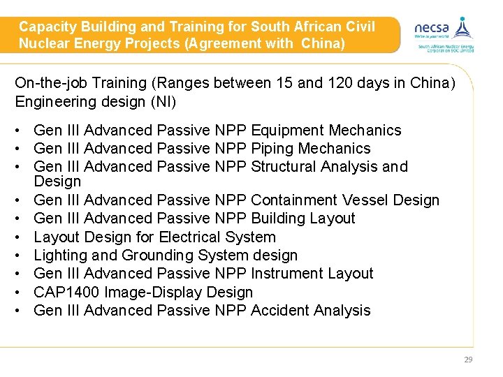 Capacity Building and Training for South African Civil Nuclear Energy Projects (Agreement with China)