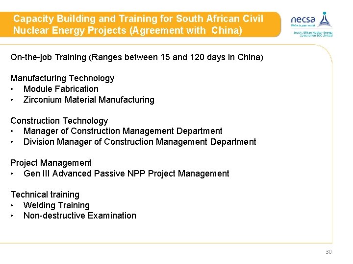 Capacity Building and Training for South African Civil Nuclear Energy Projects (Agreement with China)
