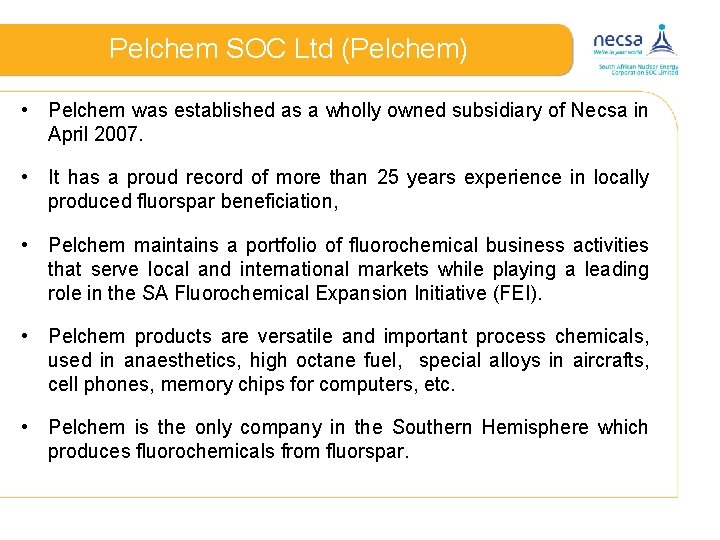 Pelchem SOC Ltd (Pelchem) • Pelchem was established as a wholly owned subsidiary of