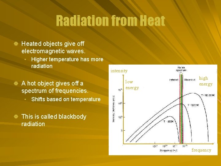 Radiation from Heat ] Heated objects give off electromagnetic waves. • Higher temperature has