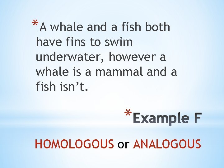 *A whale and a fish both have fins to swim underwater, however a whale