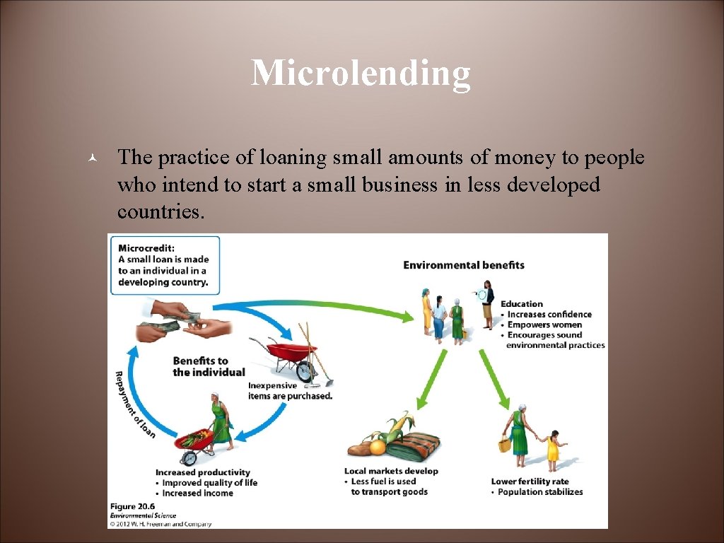 Microlending © The practice of loaning small amounts of money to people who intend