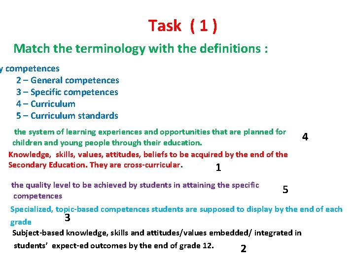 Task ( 1 ) Match the terminology with the definitions : y competences 2
