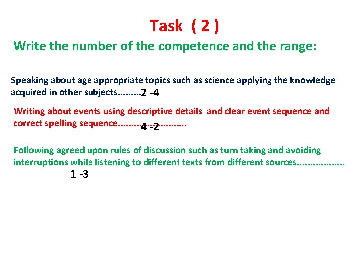 Task ( 2 ) Write the number of the competence and the range: Speaking