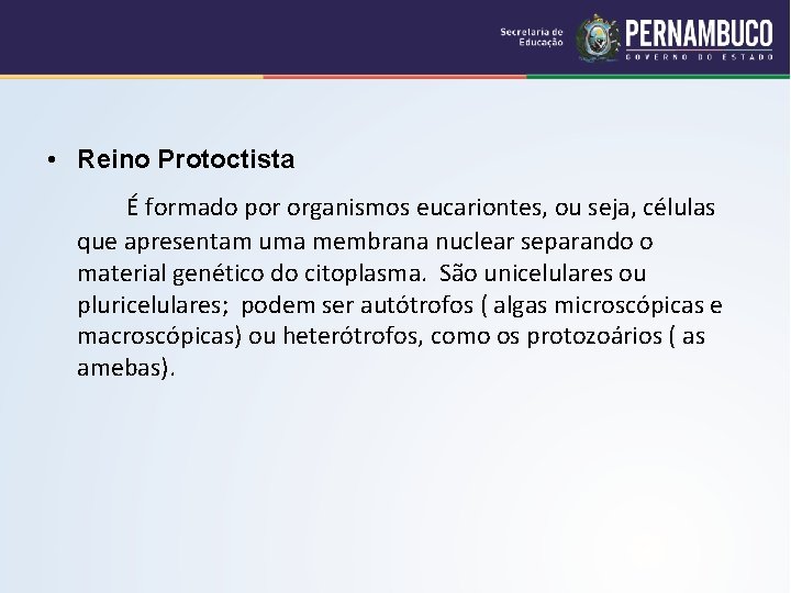  • Reino Protoctista É formado por organismos eucariontes, ou seja, células que apresentam