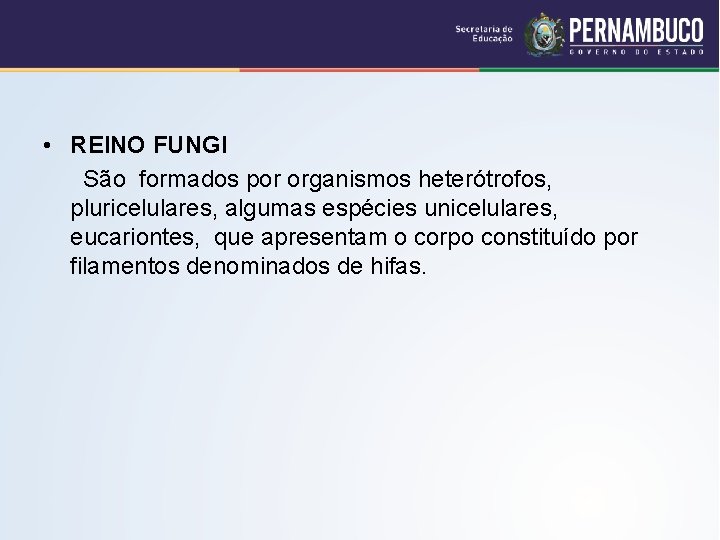  • REINO FUNGI São formados por organismos heterótrofos, pluricelulares, algumas espécies unicelulares, eucariontes,