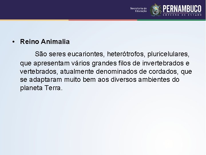  • Reino Animalia São seres eucariontes, heterótrofos, pluricelulares, que apresentam vários grandes filos