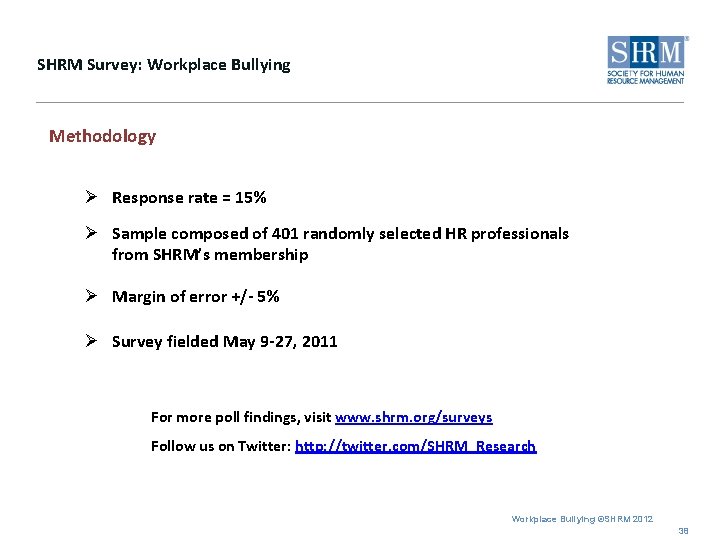 SHRM Survey: Workplace Bullying Methodology Ø Response rate = 15% Ø Sample composed of