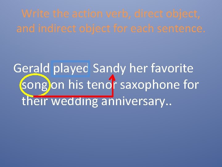Write the action verb, direct object, and indirect object for each sentence. Gerald played