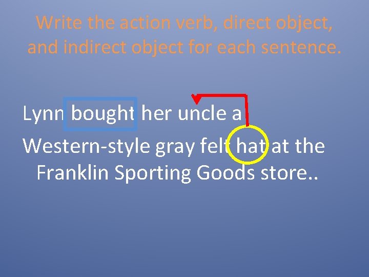 Write the action verb, direct object, and indirect object for each sentence. Lynn bought Write the action verb, direct object, and indirect object for each sentence. Lynn bought