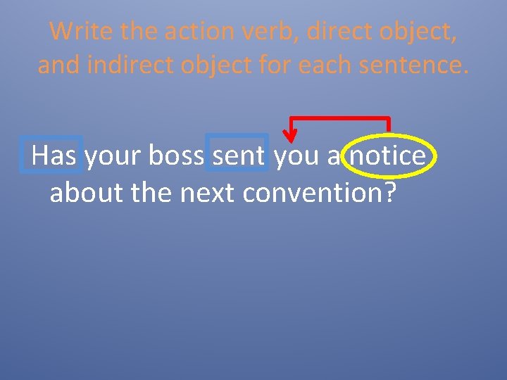 Write the action verb, direct object, and indirect object for each sentence. Has your
