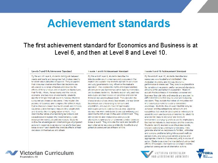 Achievement standards The first achievement standard for Economics and Business is at Level 6,