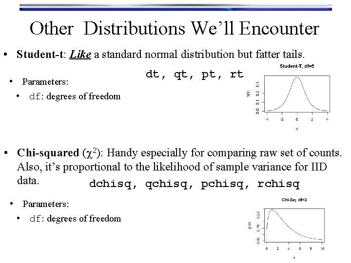 Other Distributions We’ll Encounter • Student-t: Like a standard normal distribution but fatter tails.