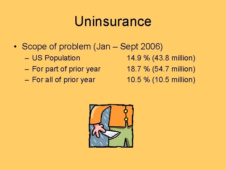 Uninsurance • Scope of problem (Jan – Sept 2006) – US Population – For