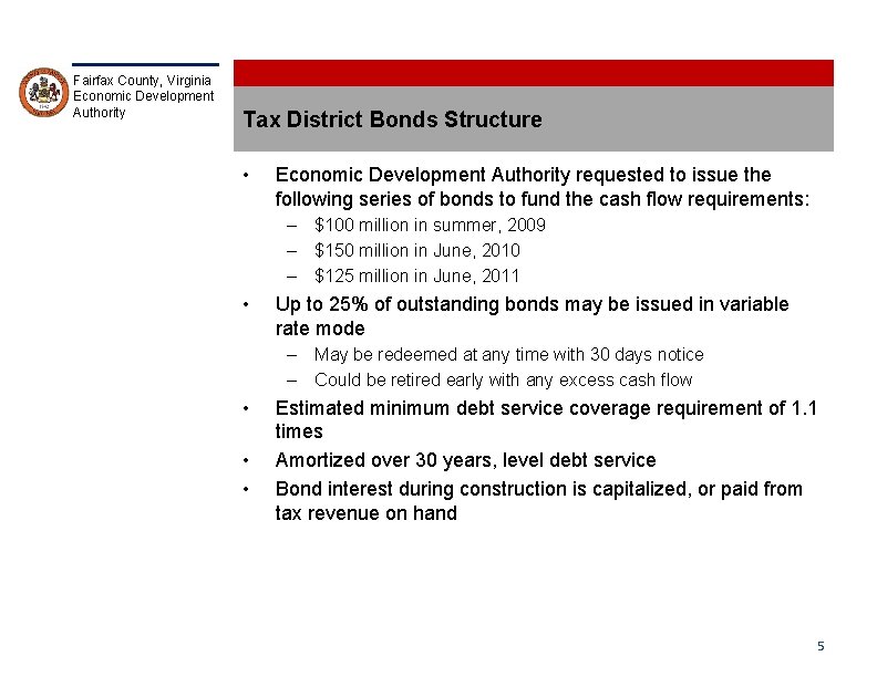 Fairfax County, Virginia Economic Development Authority Tax District Bonds Structure • Economic Development Authority