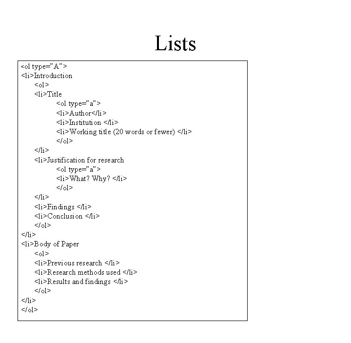 Lists <ol type=”A”> <li>Introduction <ol> <li>Title <ol type=”a”> <li>Author</li> <li>Institution </li> <li>Working title (20