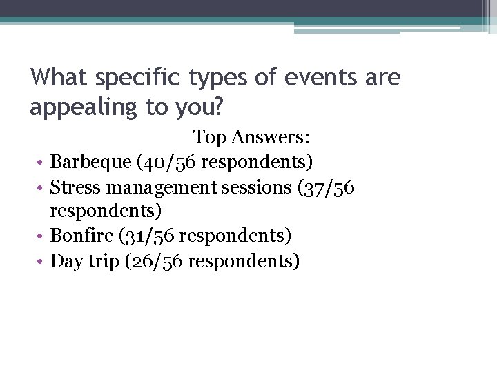 What specific types of events are appealing to you? • • Top Answers: Barbeque