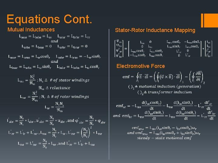 Equations Cont. Mutual Inductances Stator-Rotor Inductance Mapping Electromotive Force 