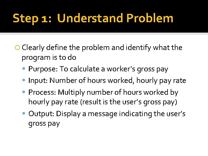 Step 1: Understand Problem Clearly define the problem and identify what the program is