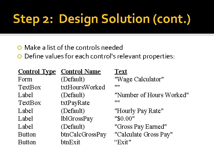 Step 2: Design Solution (cont. ) Make a list of the controls needed Define