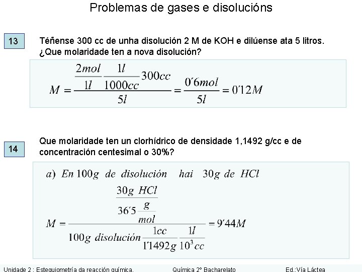 Problemas de gases e disolucións 13 14 Téñense 300 cc de unha disolución 2