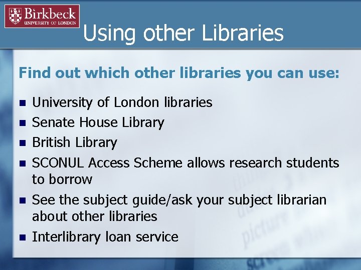 Using other Libraries Find out which other libraries you can use: n n n