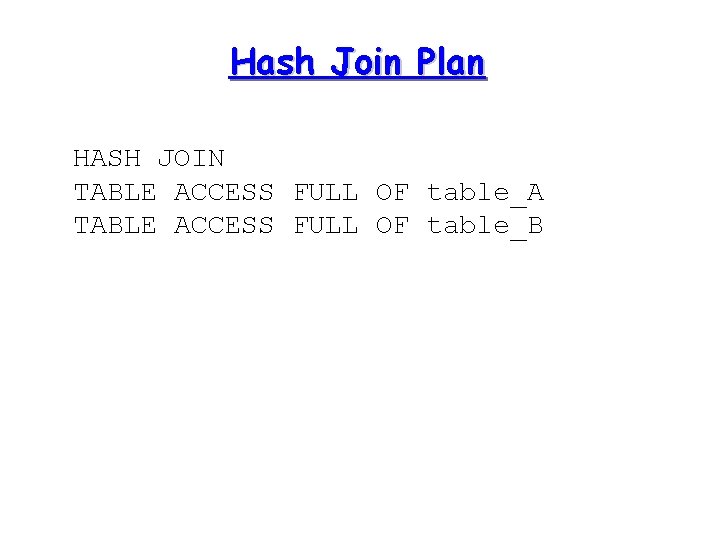 Hash Join Plan HASH JOIN TABLE ACCESS FULL OF table_A TABLE ACCESS FULL OF