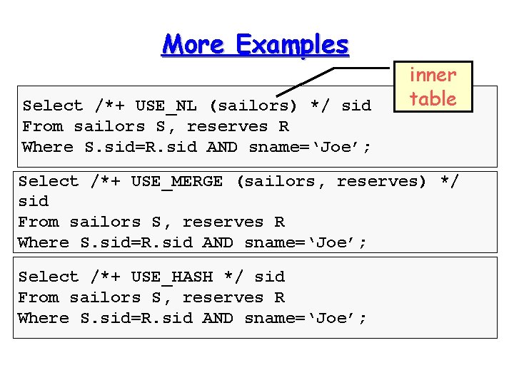 More Examples Select /*+ USE_NL (sailors) */ sid From sailors S, reserves R Where