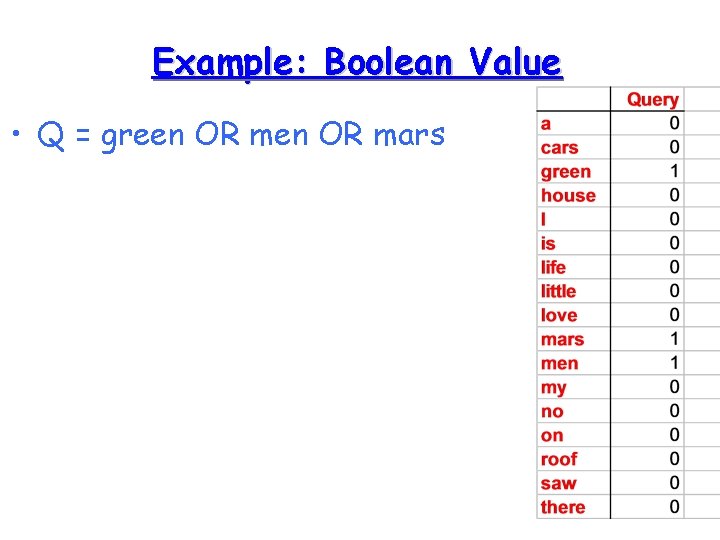 Example: Boolean Value • Q = green OR mars 